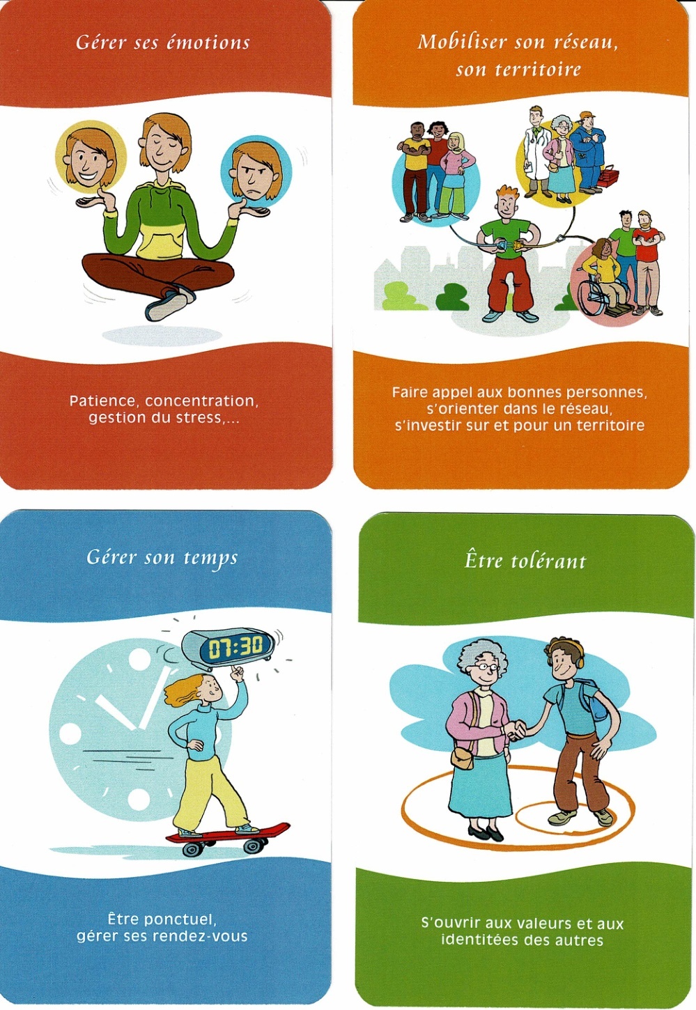 Cartes de compétences et qualités avec les mots Solution, Ouverture d’esprit, Leadership, Responsabilité et Adaptabilité