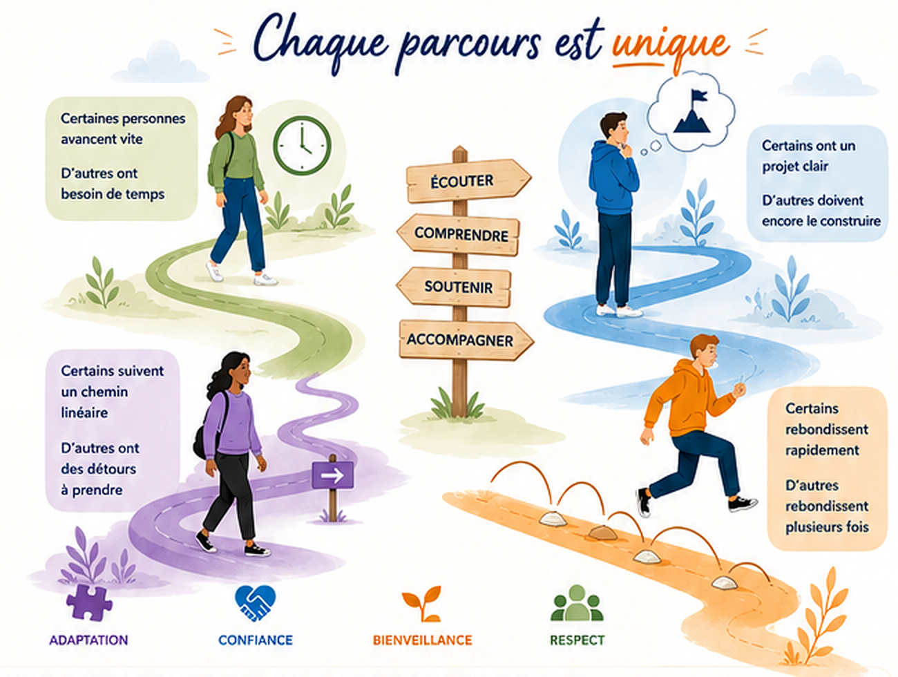 Chaque parcours est unique : des personnes avancent sur des chemins différents selon leur rythme, leur projet et leurs détours